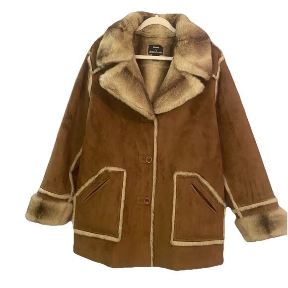 Jackets & Blazers - Dennis Basso Women 1X Brown Penny Lane  Suede Leather Faux Fur Cuff reversible